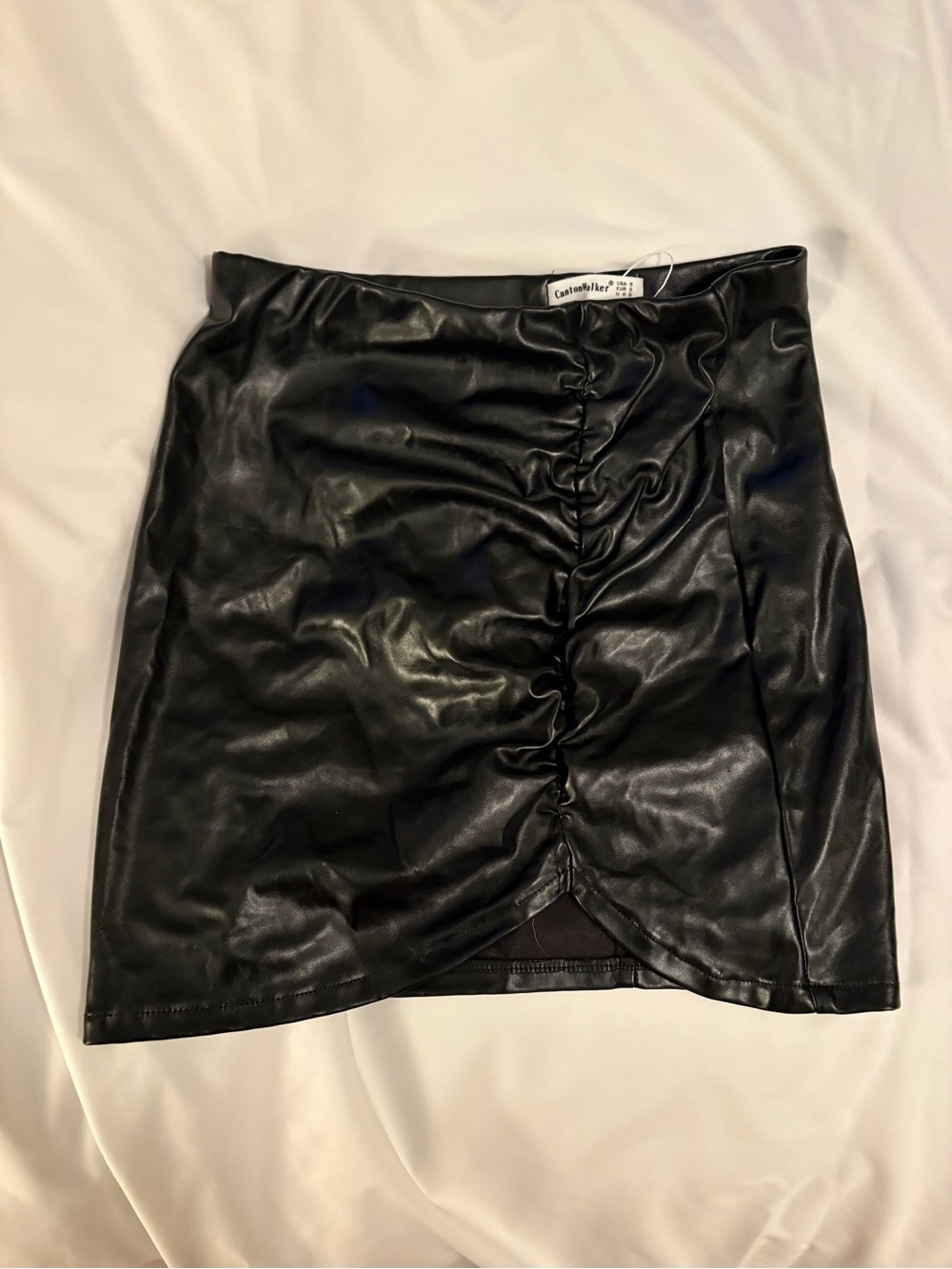 Faux Leather Ruched Mini Skirt - Black